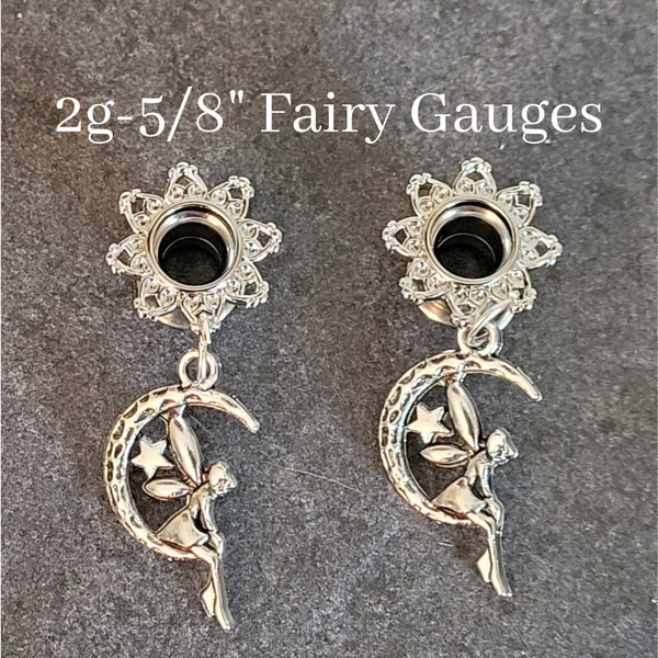 Pair Fairy 2g 0g 00g 1/2 9/16 5/8 Inch plug Dangle Screw Back Silver Steel Tunnel Gauges Ear Stretching jewelry drop fantasy alt unique moon