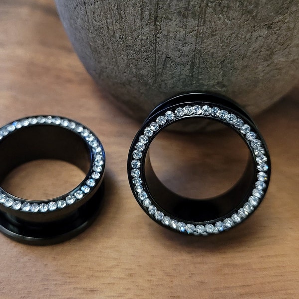 Pair Black Steel Diamond Gem Screw Fit Surgical Steel Tunnels Ear Plugs Gauges 14g 12g 10g 8g 6g 4g 2g 0g 00g 1/2 9/16 5/8 3/4 7/8 1 inch