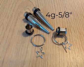 Pair Steel Tapers and Tunnels Ear Stretching Kit Gauges Gauging Plugs 1g 9mm 7/16 1/2 9/16 5/8  in between 2g 0g 00g half size star charm