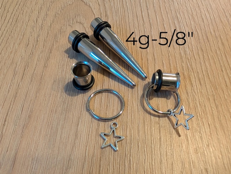 Pair Steel Tapers and Tunnels Ear Stretching Kit Gauges Gauging Plugs 1g 9mm 7/16 1/2 9/16 5/8 in between 2g 0g 00g half size star charm image 1