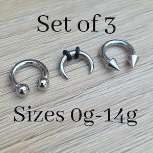Set of 3 Horseshoe Spike Cone Pincher Barbell 316L Surgical Steel 2g 4g 6g 8g 10g 12g 14g septum stretching piercing jewelry 12mm 1/2 silver