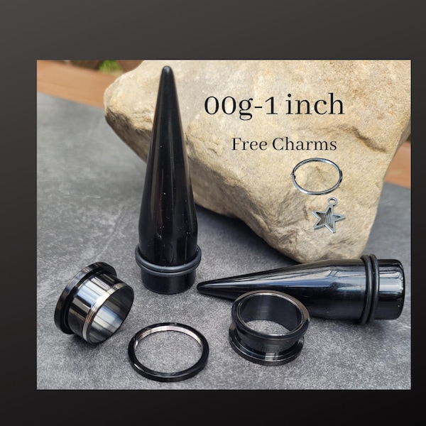 Kit per dilatare le orecchie con dilatatori a vite in acciaio nero, calibri da 00 g, 7/16, 1/2, 9/16, 5/8, 3/4, 7/8, ciondoli con dilatatori a doppia svasatura da 1 pollice