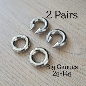 2 PAIR Silver Gauges Spike Horseshoe Clicker Ring Plugs 2g 4g 6g 8g 10g 12g 14g Hinged Hoop Earrings Steel Big Gauges Ear Piercing men women