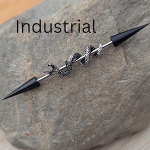 Snake Industrial Barbell for Ears with Black Wood Spike Ends Jewelry Steel 14g 1 3/8 Length 35mm cartilage piercing jewelry men women goth