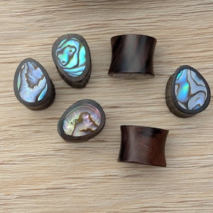 Pair Teardrop Organic Wood Plugs with Abalone Shell Inlay 0g 00g 1/2 9/16 5/8 inch gauge earrings 8mm 10mm 12mm unique jewelry for women