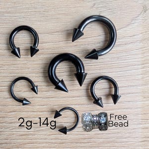 Septum Ring Black Spike Cone Horseshoe Large Barbell Stretching jewelry Steel 2g 4g 6g 8g 10g 12g 14g piercing nose big gauge wide edgy 5/8