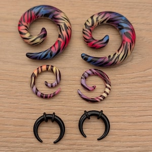 Pair 00g or 6g Rainbow Zebra Super Spirals and Black Pinchers Tapers Gauges Plugs for ears huge big giant hangers earring stretched colorful
