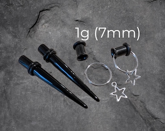 Pair 1g 7mm Black Steel Tapers and Black Single Flare Tunnels Ear Stretching Kit Gauges Gauging 1 gauge plugs for ears men women in between