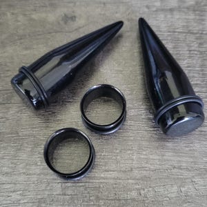 Pair Black Tapers and Black Steel Single Flare Tunnels Ear Stretching Kit 1g 0g 00g 1/2 9/16 5/8 3/4 7/8 1 inch big gauges plugs jewelry