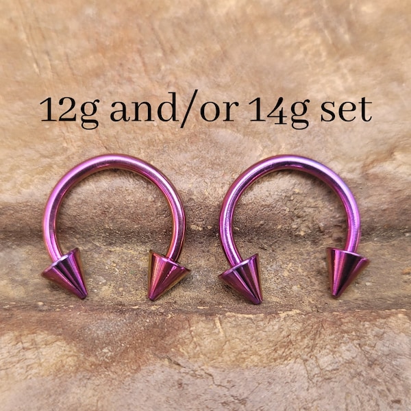 CHOOSE 2 Purple Cone Spike Titanium Steel Pincher Ear Plug Horseshoe Gauges Septum Stretching Ring 12g 14g  Circular Barbell jewelry pink