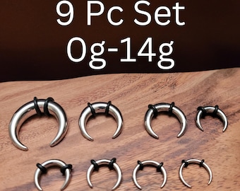 9 Steel Pinchers 0g-14g Horseshoes Talons Tapers Crescents septum stretching kit gauges 0g 1g 2g 4g 6g 8g 10g 12g 14g 7mm silver stretch