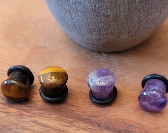 2 Pairs Amethyst and Tiger Eye Organic Stone Plugs Single Flare Ear Gauges earrings 5/8 9/16 1/2 00g 0g 2g 4g 6g men women unique gift set