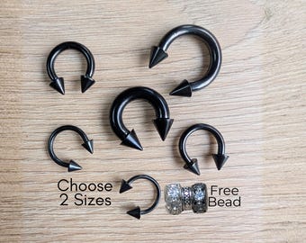 2 Pack Black Septum Ring Spike Cone Horseshoe Circular Barbell Stretching Kit Steel 2g 4g 6g 8g 10g 12g 14g piercing metal gauge nose