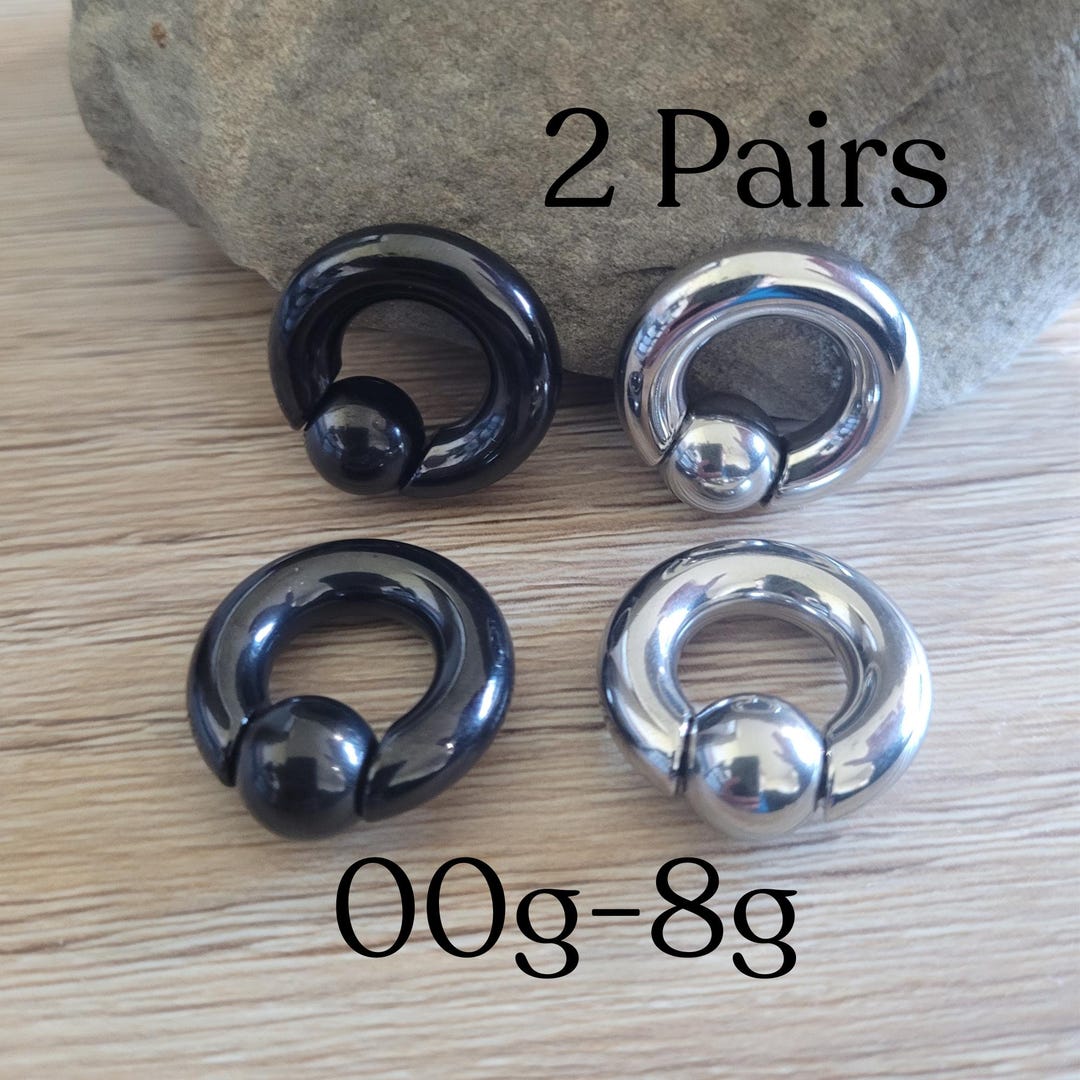 2 Pair Captive Bead Ring Black Silver Spring Loaded Septum Ear Plugs ...