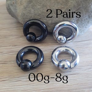 2 Pair Captive Bead Ring Black Silver Spring Loaded Septum Ear Plugs Horseshoes Gauges CBR 00g 0g 2g 4g 6g 8g big stretched Surgical Steel