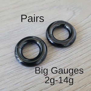 PAIR Black 2g 4g 6g 8g 10g 12g 14g Hinged Clicker Segment Ring Hoop Earrings Steel Big Gauges Ear Piercing Cartilage plugs men women 316L
