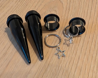Pair Black Tapers and Single Flare Steel Tunnels Ear Stretching Kit gauges plug charms 1g 0g 00g 1/2 9/16 5/8 3/4 7/8 1 inch 25mm 22m 19mm
