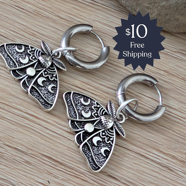 Paar Death Moth Huggie Hoop Ohrringe Frauen Silber Tropfen baumeln 18g gauge Ohrlöcher goth alt witchy wunderlich chirurgischem Stahl
