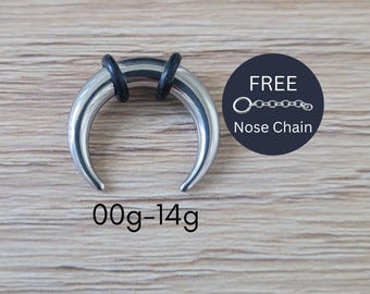 Silver Steel Septum Pincher Ring 00g–14g | Single Crescent Stretch Taper with Free Nose Chain | 316L Jewelry
