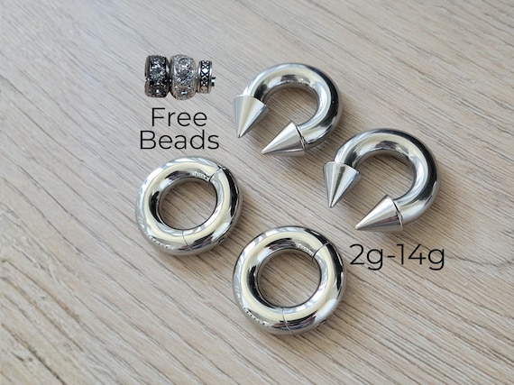 2 PAIR Silver Gauges Spike Horseshoe Clicker Ring Plugs 2g 4g 6g