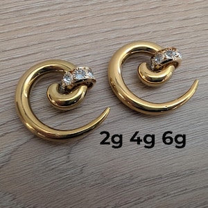 May include: Two gold-colored spiral earrings with a small, sparkling, gem-studded accent. The earrings are displayed on a light wood-grain surface. Text on the image reads: 2g 4g 6g.