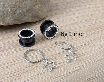 Pair Black Steel Diamond Gem Screw Fit Surgical Steel Tunnels Ear Plugs Gauges 8g 6g 4g 2g 0g 00g 1/2 9/16 5/8 3/4 7/8 1 inch earrings men