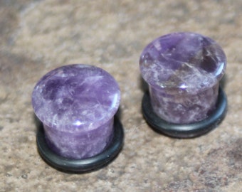 Pair of Purple Amethyst Organic Stone Single Flare Plugs Ear Gauges 00g 0g 2g 4g 6g