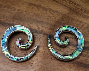 Pair 0g or 2g Steel Blue Green Abalone Shell Ear Spirals Tapers Gauges Plugs horseshoes hangers 8mm 6mm gauge earrings 0 2