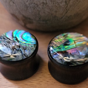Pair Wood Organic Abalone Shell Inlay Hand Carved Ear Saddle Plugs Gauges 2g 0g 00g 1/2 jewelry earrings women gift black pretty blue purple