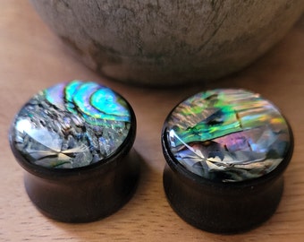 Pair Wood Organic Abalone Shell Inlay Hand Carved Ear Saddle Plugs Gauges 2g 0g 00g 1/2 jewelry earrings women gift black pretty blue purple