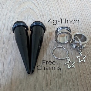 Black Tapers & Surgical Steel Screw-On Tunnels Ear Stretching Kit Sizes 4g–1 Inch Plugs with silver star charms big gauges