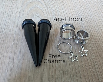Black Tapers & Surgical Steel Screw-On Tunnels Ear Stretching Kit Sizes 4g–1 Inch Plugs with silver star charms big gauges