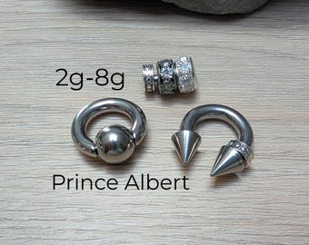 Conjunto de joyería Prince Albert Frenum Guiche – 2 piezas: anillo con bola cautiva + barra circular en forma de herradura, acero 316L, 2g, 4g, 6g, 8g, piercing masculino