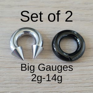 Set 2 Silver Black Horseshoe Spike Cone Hinged Clicker Ring Surgical Steel 2g 4g 6g 8g 10g 12g 14g septum stretching piercing kit big gauge