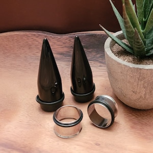 Par de dilatadores negros y túneles de acero quirúrgico para orejas, calibres 1 g, 0 g, 9 mm, 00 g, 7/16, 1/2, 9/16, 5/8, 18 mm, 3/4, 20 mm, 7/8, 1 pulgada