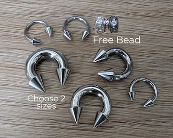 2 Pack 2g-14g Septum Ring Spike Cone Horseshoe Circular Barbell Stretching Kit Silver Surgical Steel 2g 4g 6g 8g 10g 12g 14g piercing gauge