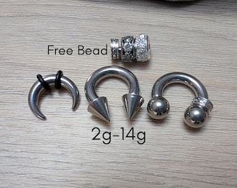 Set of 3 Spike Horseshoe Pincher Barbell | 316L Surgical Steel 2g 4g 6g 8g 10g 12g 14g | Silver Septum Stretching Piercing Jewelry 12mm 1/2"