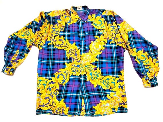 Versace, Vintage 80s Versace Shirt Silk Baroque Medium Made in Italy Gold Luxury