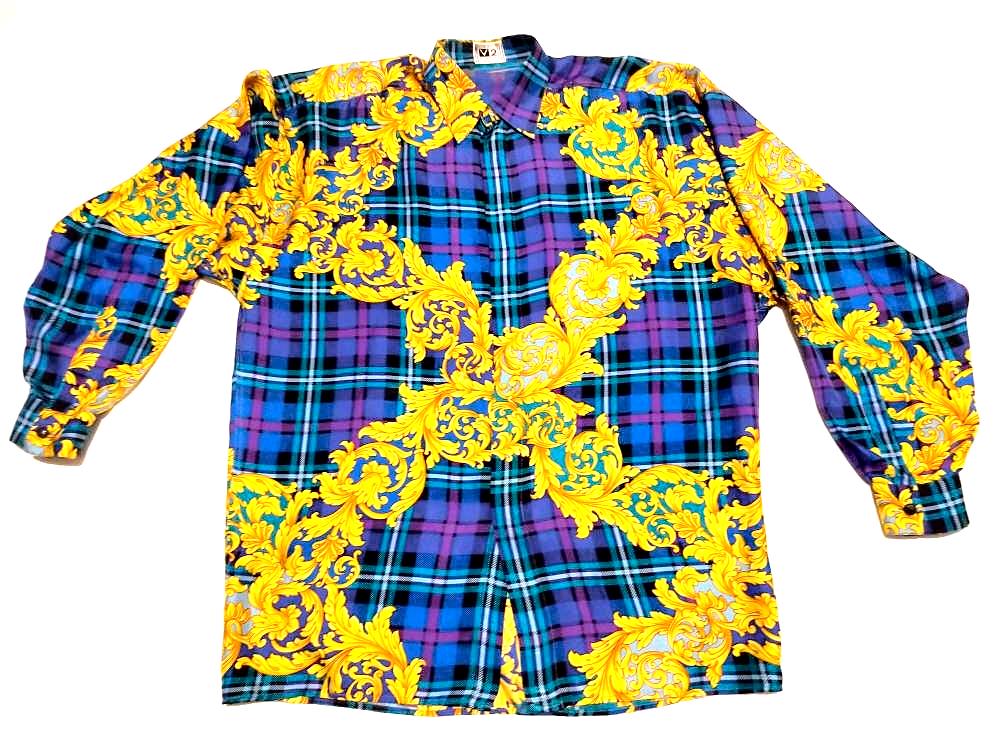 Versace, Vintage 80s Versace Shirt Silk Baroque Medium Made in Italy Gold Luxury