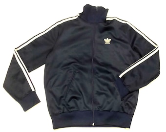 Vintage 80s Adidas Track Jacket Dark Blue Medium Made in France Polyester small signs of wear on the inside of the jacket, not visible outside