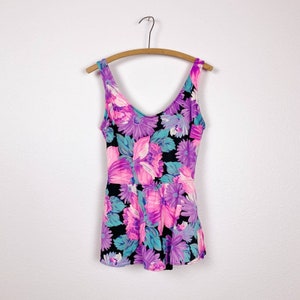 Vintage 1980s Bright Neon Black Floral One-Piece Skirt Swim Bathing Suit 12