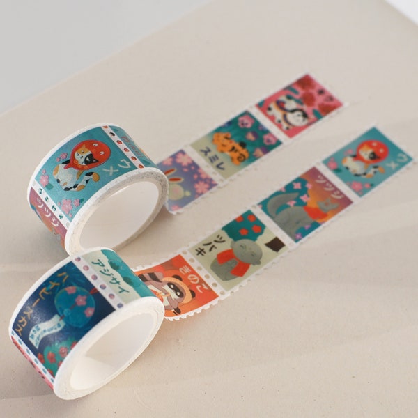 Coloridos juguetes/estatuas del folclore japonés con flores de temporada - Stamp Washi Tape