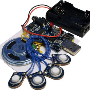 Può includere: Una scheda a circuito stampato blu con un connettore USB, un pacco batteria, un altoparlante e quattro pulsanti bianchi. La scheda a circuito stampato ha fili rossi e gialli collegati ad essa. Il testo "ROHS" e "WQ2023F" è stampato sull'altoparlante.