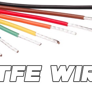 May include: A close-up of a bundle of multi-coloured PTFE wires. The wires are arranged in a fan shape, with the ends of the wires visible. The wires are all the same size and have a silver-coloured coating. The text "PTFE WIRE" is visible at the bottom of the image.