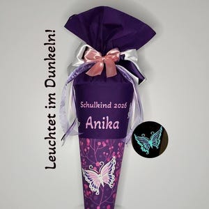 Conjunto de cone escolar "Borboleta" que brilha no escuro com laço e punho roxos, dupla camada, personalizado "Noite da Borboleta" "Ina", primeiro dia de aula, Passo a Passo