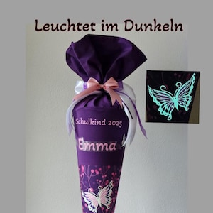 SCHULTÜTE "Schmetterling" nachtleuchtend + Schleife lila personalisiert Schulranzen Butterfly Night "Ina" 35 / 70cm Einschulung Step by Step