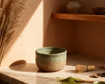 Handmade Matcha Serving Bowl - Speckled Stoneware Green Glaze Artisan Tea Wabi Sabi Pottery Earth Tone Kitchen Decor Cottagecore