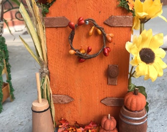 Fall fairy door, harvest fairy door, fall fairy garden, orange fairy door, miniature pumpkins, miniature butter churn, fall table decoration