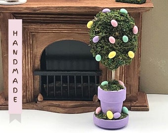 Easter dollhouse topiary with miniature Easter eggs, miniature Easter topiary, Easter tiered tray decor, Dollhouse Easter miniatures,