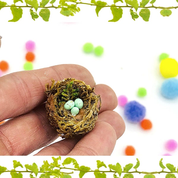 Dollhouse bird nest with eggs, miniature birds nest with eggs, miniature eggs, doll house miniatures, fairy garden nest, tiny nest with eggs